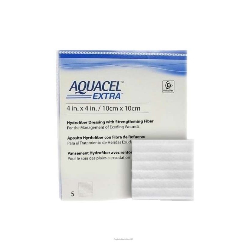 Medicazione in tecnologia hydrofiber in carbossimetilcellulosa sodica e cellulosa rigenerata aquacel extra 10x10 cm 5 pezzi Medicazione in tecnologia hydrofiber in carbossimetilcellulosa sodica e cellulosa rigenerata aquacel extra 10x10 cm 5 pezzi