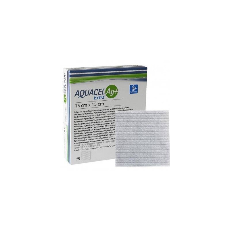 Medicazione in hydrofiber e ioni argento intessuta in lyocell aquacel ag + extra 15x15cm 5 pezzi