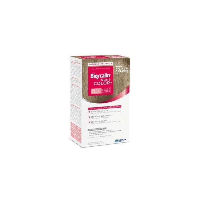Bioscalin nutri color+ 8,01 biondo chiaro freddo crema colorante 40 ml + rivelatore crema 60 ml + shampoo 12 ml + balsamo 12 ml 