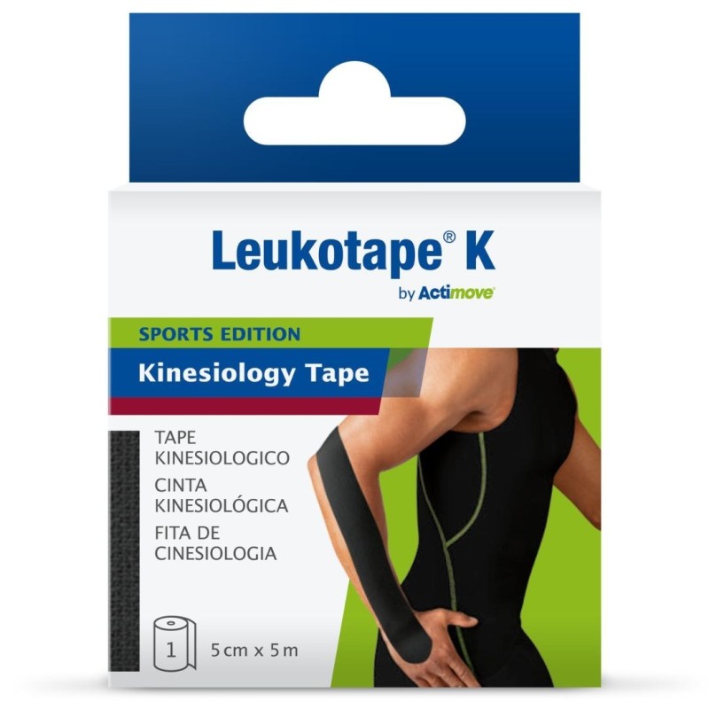 Benda adesiva actimove leukotape k taping fisioterapico larghezza 5 cm lunghezza 5 m colore nero in rotolo