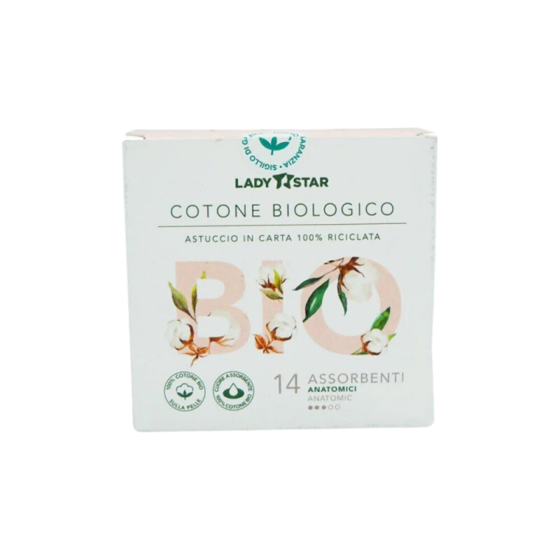 Ladystar assorbenti esterni 100% cotone bio anatomici 14 pezzi