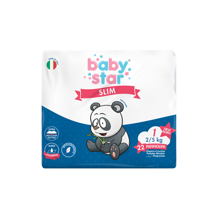 Pannolini babystar slim 2/5kg taglia 1 new born 22 pezzi