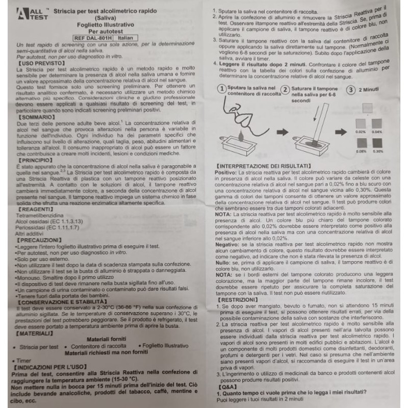 Test rapido alltest dipstick autodiagnostico determinazionesemi-quantitativa alcol nella saliva Test rapido alltest dipstick autodiagnostico determinazionesemi-quantitativa alcol nella saliva