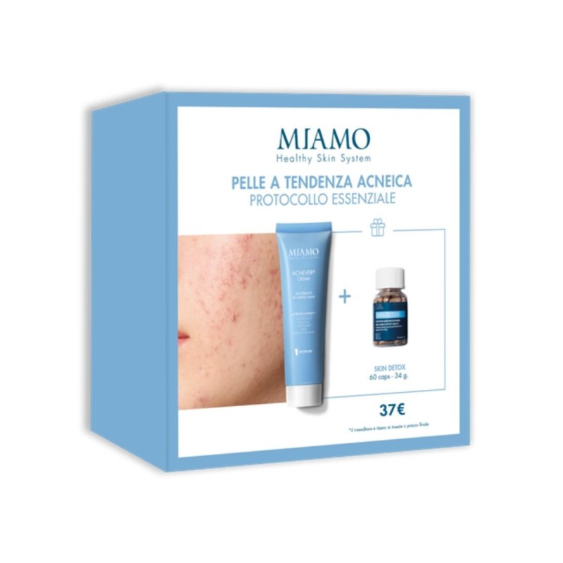 Miamo cofanetto 2025 protocollo pelle tendenza acneica 1 acnever cream 50 ml + 1 skin detox 60 capsule