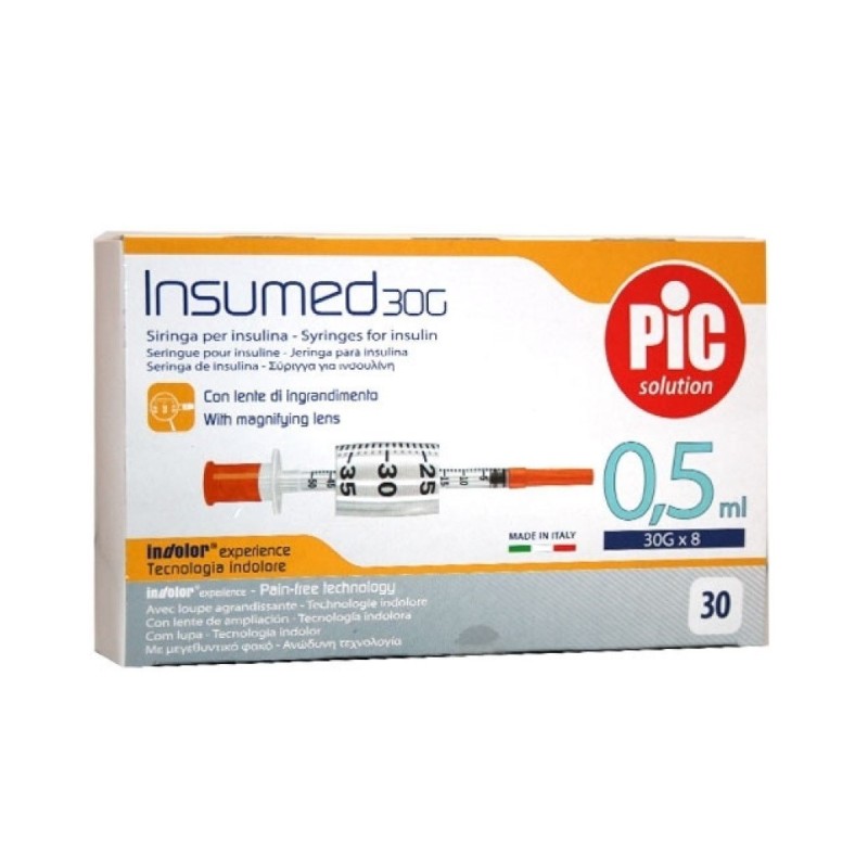 Pikdare Siringa Per Insulina Pic Insumed 0,5 Ml 100 Ui Ago Gauge 30 Lunghezza 8 Mm Senza Spazio Morto 3 Sacchetti Da 10 Pezzi