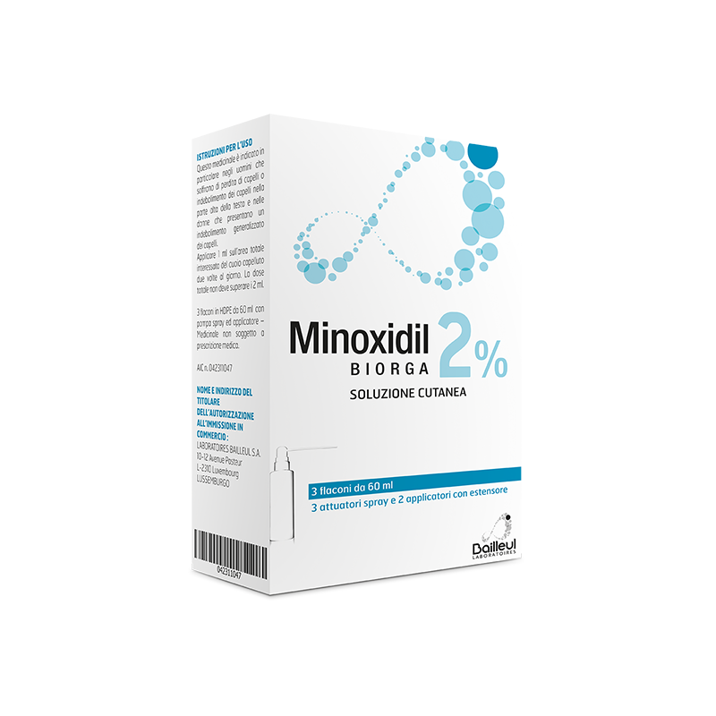 Minoxidil biorga (laboratoires bailleul) soluz cutanea 3 flaconi 60 ml 2%