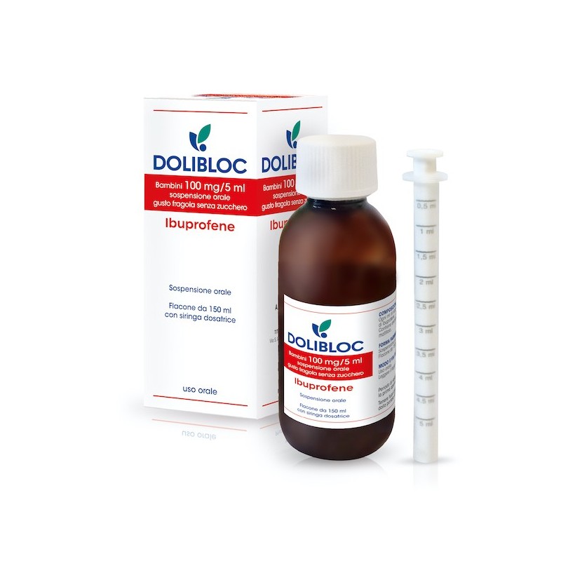 Dolibloc orale sosp 150 ml 100 mg/5 ml gusto fragola senza zucchero Dolibloc orale sosp 150 ml 100 mg/5 ml gusto fragola senza zucchero