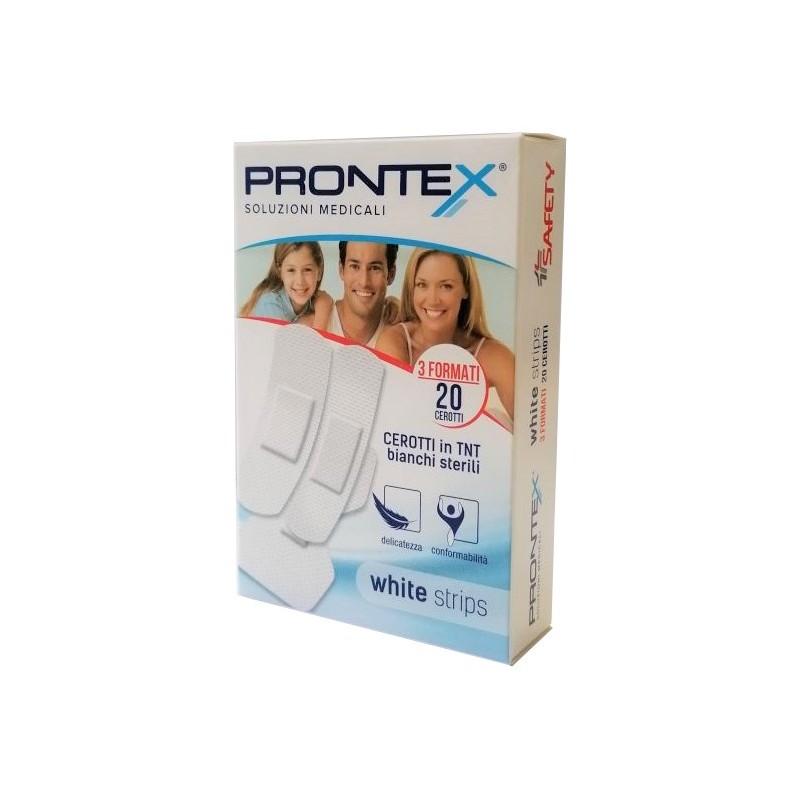 Cerotto prontex white strips in tessuto non tessuto bianco sterile 3 formati 20 pezzi