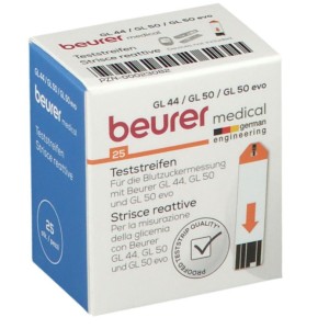 Strisce misurazione glicemia beurer per glucometro gl44/gl50/gl50evo in flacone 25 pezzi