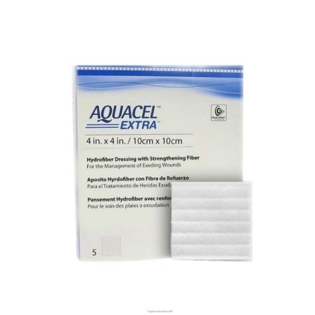 Medicazione in tecnologia hydrofiber in carbossimetilcellulosa sodica e cellulosa rigenerata aquacel extra 10x10 cm 5 pezzi