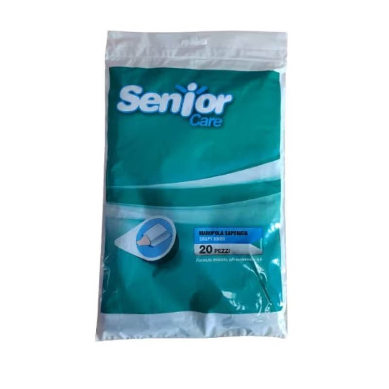 Manopola saponata monouso seniorcare in tnt viscosa/polietilene dimensioni 16x25 cm per detersione di pazienti