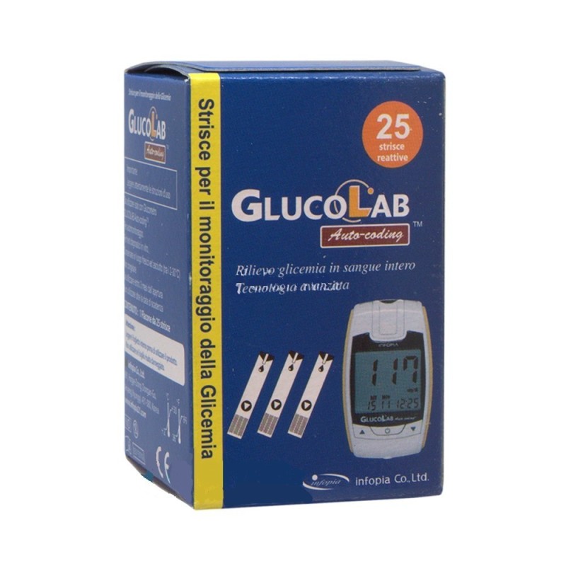 Strisce misurazione glicemia glucolab auto coding ad elettrodo 25 pezzi