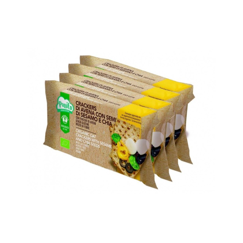 Panito crackers di avena con semi di sesamo e chia bio 4 pezzi da 35 g Panito crackers di avena con semi di sesamo e chia bio 4 pezzi da 35 g
