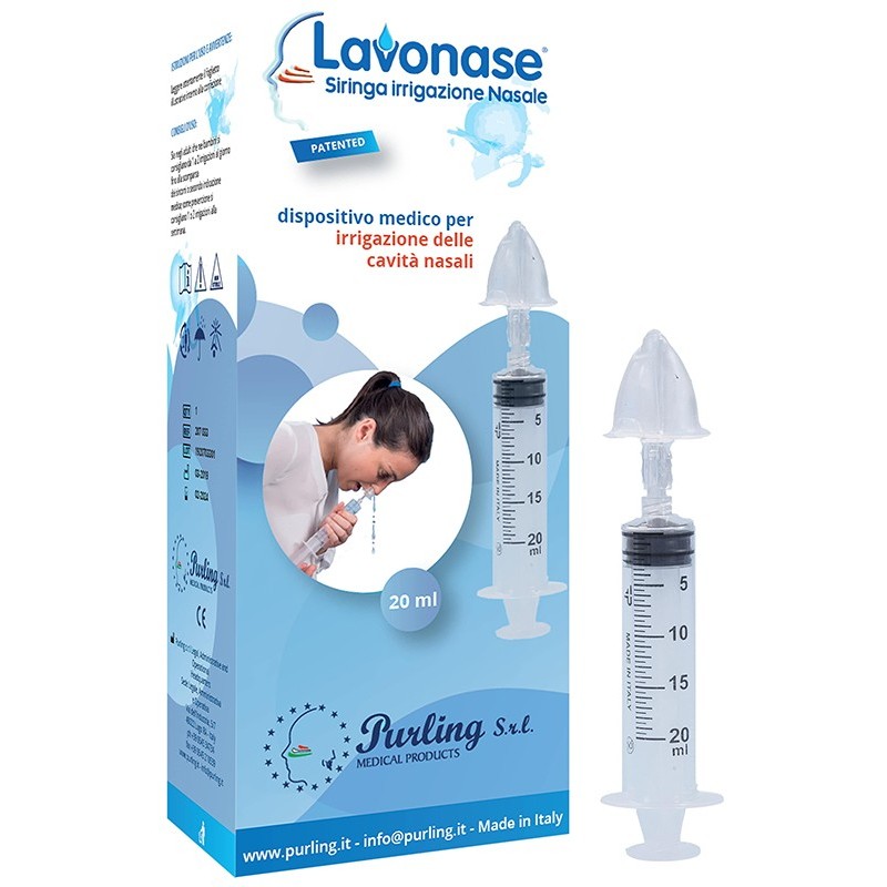 Lavonase irrigazione nasale non sterile siringa 20 ml + luer-lock con cappuccio + ugello nasale con raccordo luer-lock +perforat