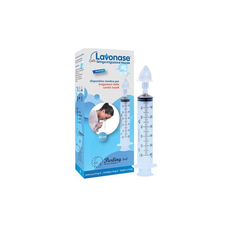 Lavonase irrigazione nasale non sterile siringa 60 ml + luer-lock con cappuccio + ugello nasale con raccordo luer-lock +perforat