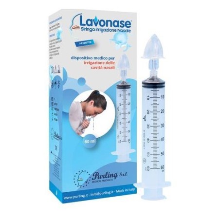 Lavonase irrigazione nasale non sterile siringa 60 ml + luer-lock con cappuccio + ugello nasale con raccordo luer-lock +perforat