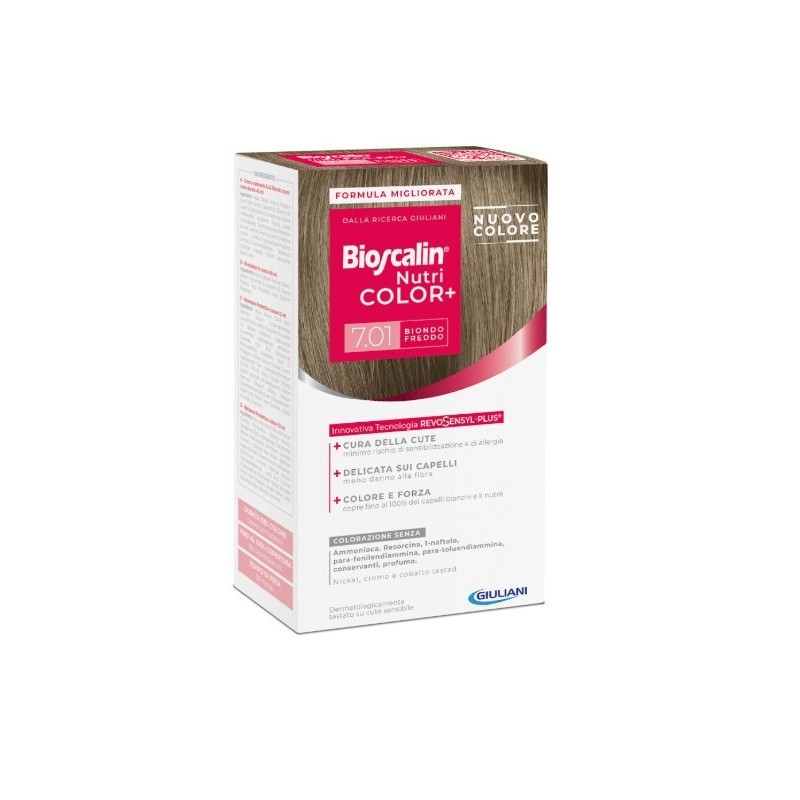 Bioscalin nutri color+ 7,01 biondo freddo crema colorante 40ml + rivelatore crema 60 ml + shampoo 12 ml + balsamo 12 ml+ guanti 