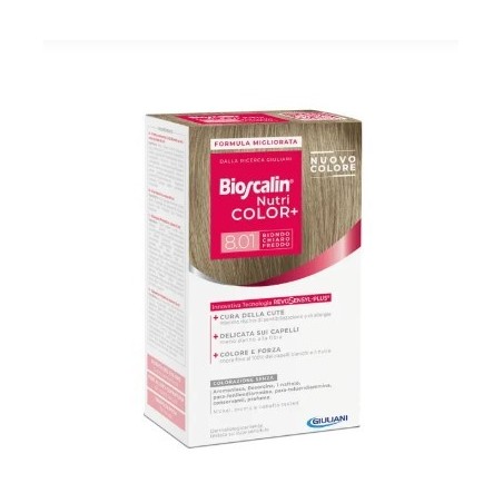 Bioscalin nutri color+ 8,01 biondo chiaro freddo crema colorante 40 ml + rivelatore crema 60 ml + shampoo 12 ml + balsamo 12 ml 