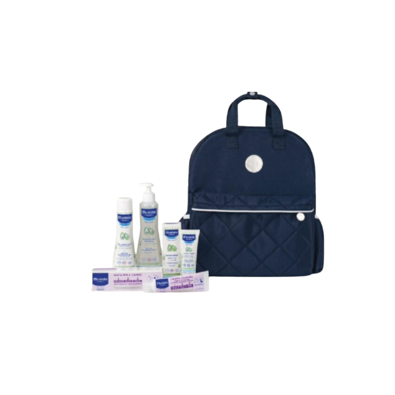 Mustela zaino borsa 2024 1 mustela detergente delicato 200 ml + 1 pasta cambio 50 ml + 1 fluido s/r 300 ml + 1 hydra bebe' crema