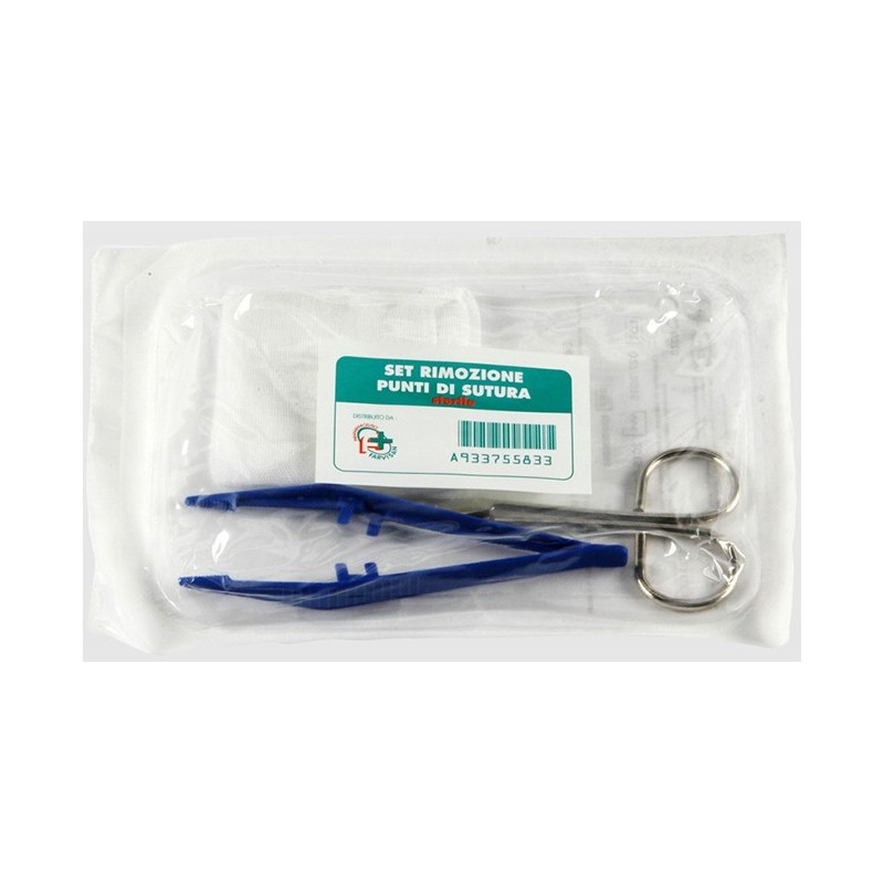 Set per la rimozione dei punti di sutura composto da 1 forbice 1 pinzetta 2 compresse di garza di cotone