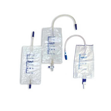 Sacca raccolta urina da gamba securdrain via' con valvola antireflusso e rubinetto di scarico tubo 10cm raccordo universale dopp