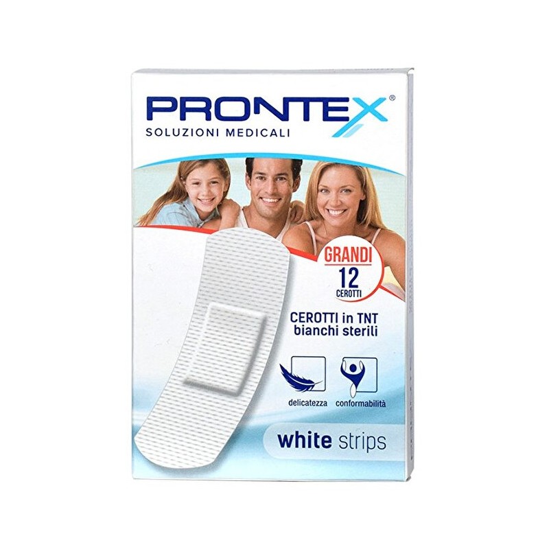 Cerotto prontex white strips in tessuto non tessuto bianco sterile scatola 12 cerotti grandi