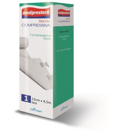 Benda medipresteril compressione forte m4,5x12cm tesi con clip di fissaggio Benda medipresteril compressione forte m4,5x12cm tesi con clip di fissaggio