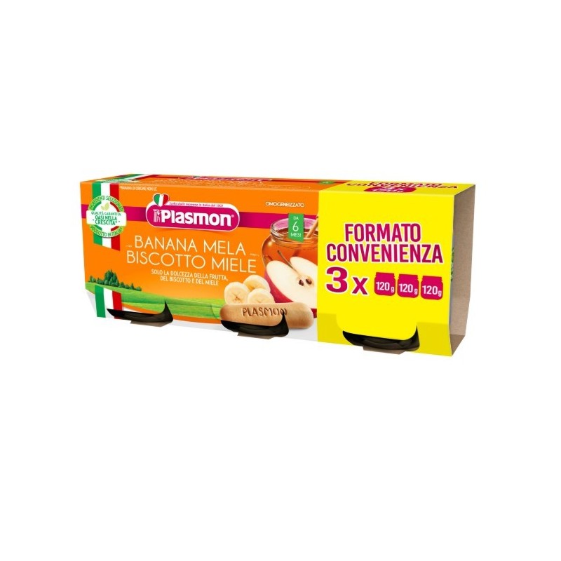 Plasmon omogeneizzato banana/mela/biscotti/miele 120 g x 3 pezzi