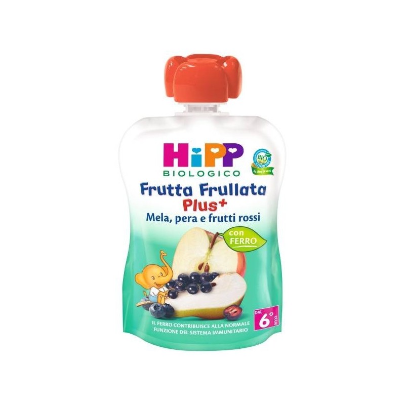 Hipp bio frutta frullata plus + mela pera frutti rossi con ferro 90 g
