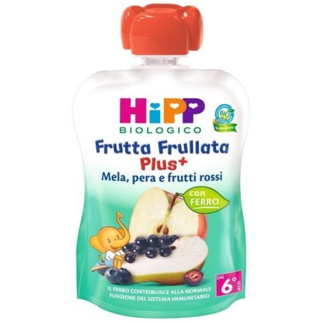 Hipp bio frutta frullata plus + mela pera frutti rossi con ferro 90 g