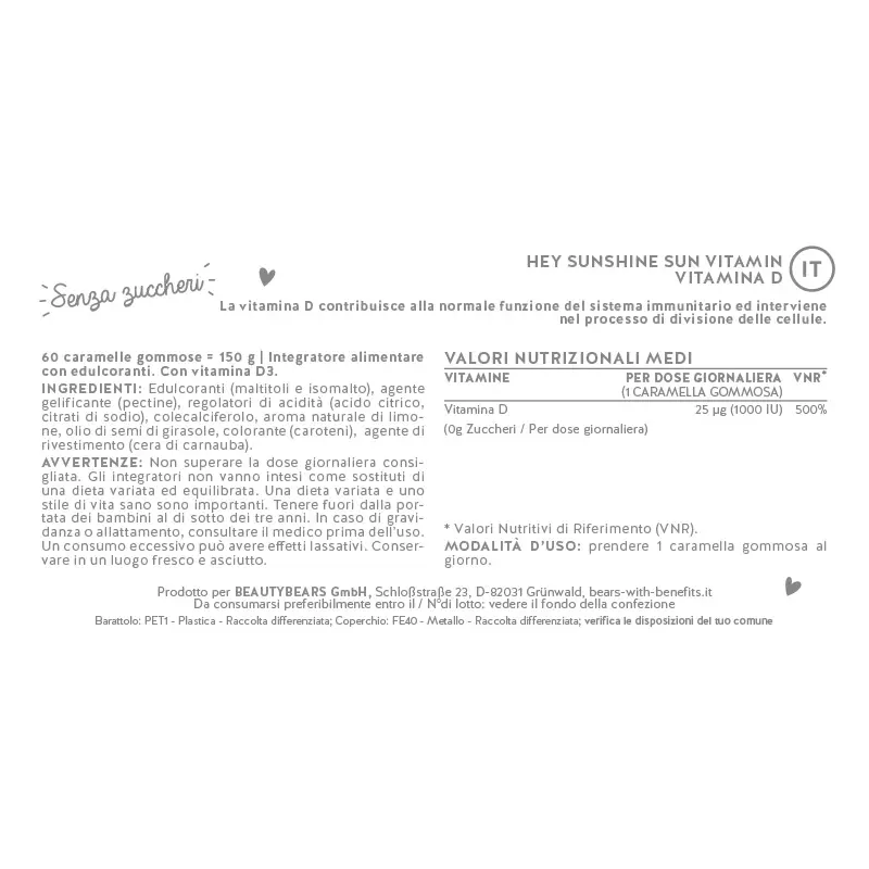 Hey sunshine sun vitamins mit d3 sugarfree 45 caramelle gommose