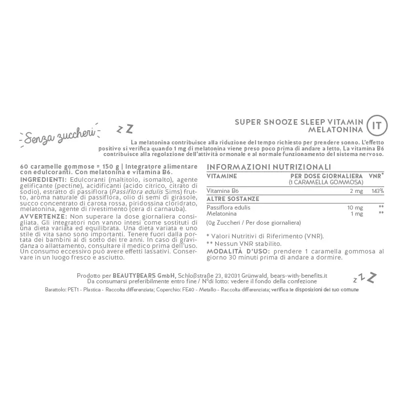 Super snooze sleep vitamin with melatonin sugarfree 45 caramelle gommose