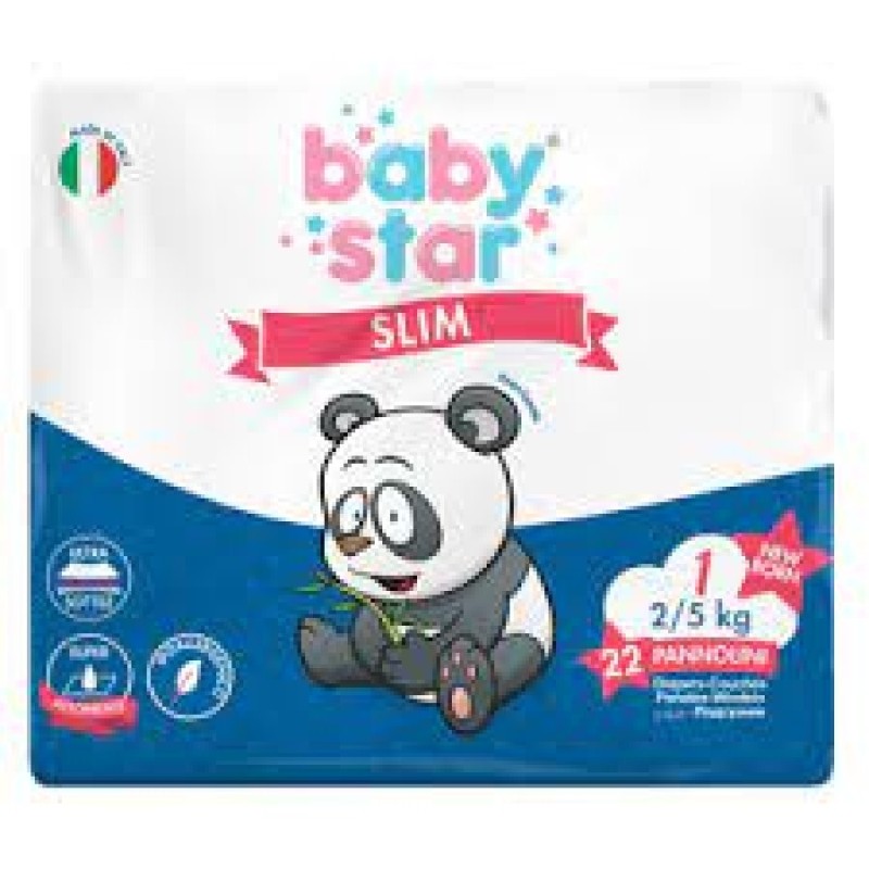 Pannolini babystar slim 2/5kg taglia 1 new born 22 pezzi