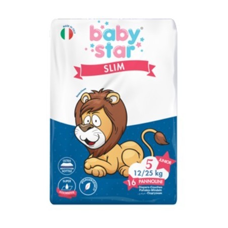 Pannolini babystar slim 12/25kg taglia 5 junior 16 pezzi