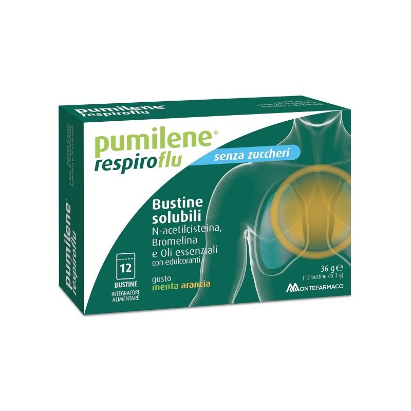 Pumilene respiroflu senza zucchero 12 bustine gusto menta arancia 36 g