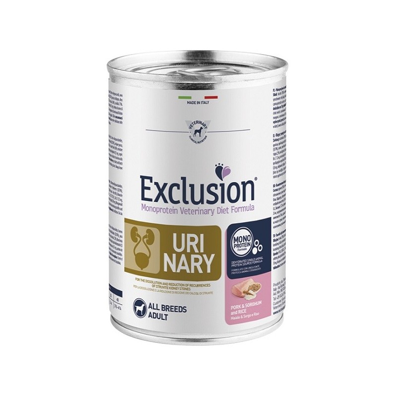 Exclusion monoprotein veterinary diet formula dog urinary pork & sorghum and rice all breeds 200 g canned