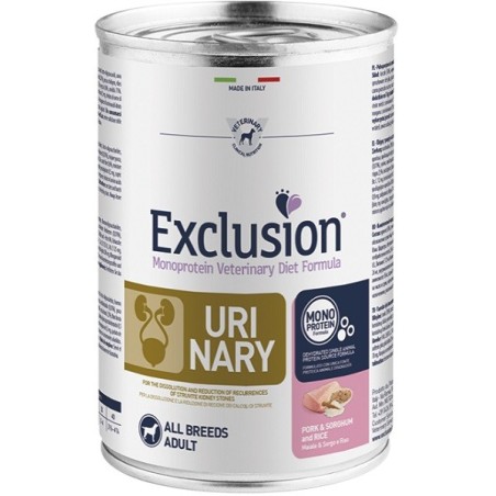 Exclusion monoprotein veterinary diet formula dog urinary pork & sorghum and rice all breeds 200 g canned