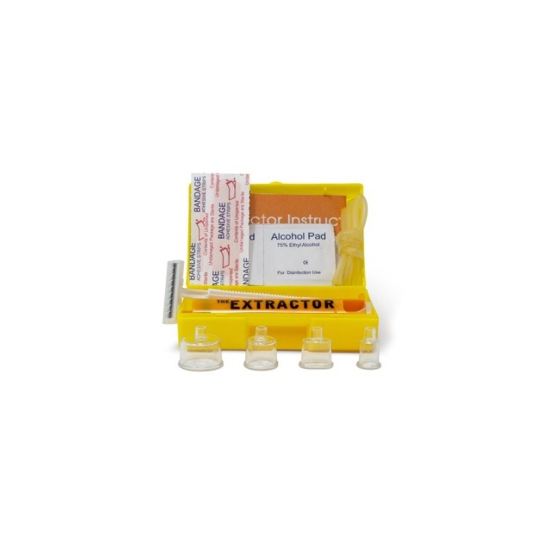 Extractor estrattore veleno kit 1 estrattore + 4 coppette plastica aspira veleno + cerotti + 1 rasoio + 1 laccio emostatico + sa