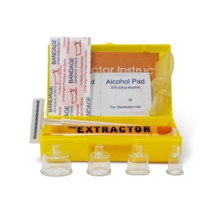 Extractor estrattore veleno kit 1 estrattore + 4 coppette plastica aspira veleno + cerotti + 1 rasoio + 1 laccio emostatico + sa