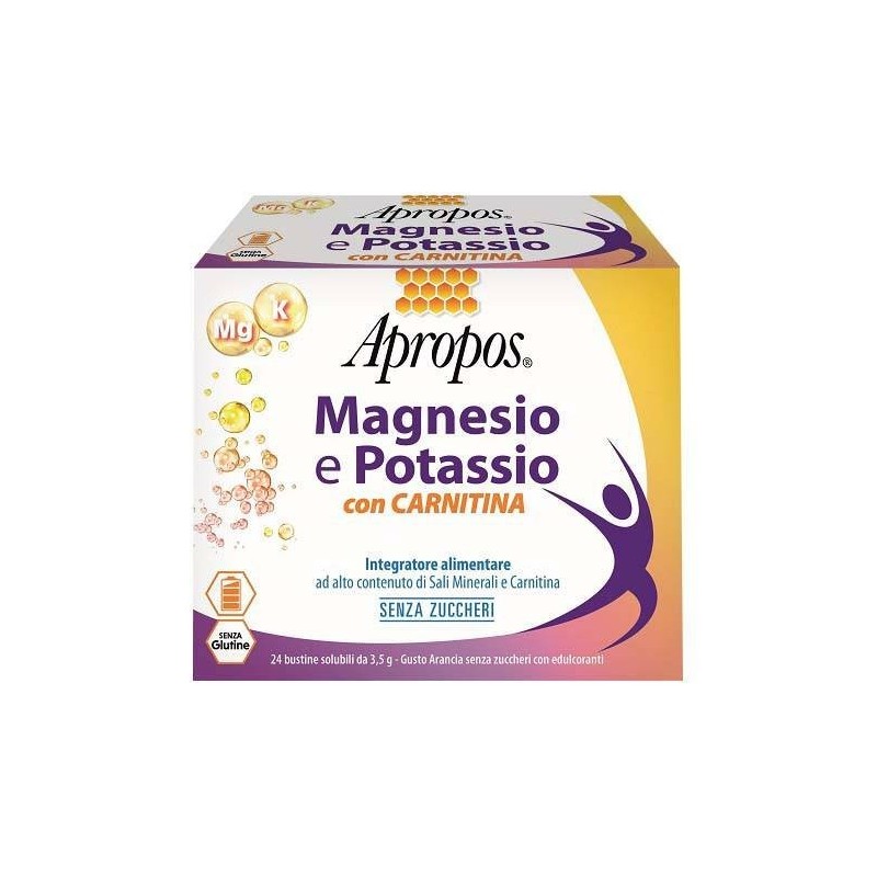 Apropos magnesio e potassio con carnitina 24 bustine solubili da 3,5 g gusto arancia senza zuccheri Apropos magnesio e potassio con carnitina 24 bustine solubili da 3,5 g gusto arancia senza zuccheri