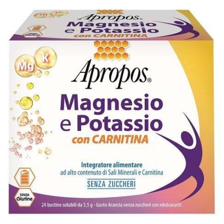 Apropos magnesio e potassio con carnitina 24 bustine solubili da 3,5 g gusto arancia senza zuccheri Apropos magnesio e potassio con carnitina 24 bustine solubili da 3,5 g gusto arancia senza zuccheri