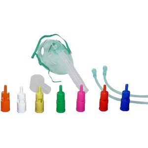 Maschera morbida a concentrazione variabile con sistema venturi completa di kit con 7 raccordi colorati e tubo di collegamento a