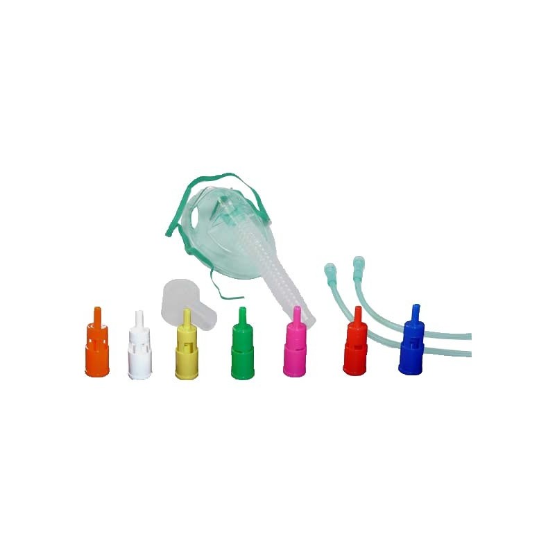 Maschera morbida a concentrazione variabile con sistema venturi completa di kit con 7 raccordi colorati e tubo di collegamento a
