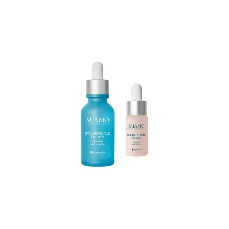 Miamo cofanetto 2025 plump & hydra 1 rughe di disidratazionehyaluronic acid lh serum 30 ml + 1 nourish 3 biotic 10 ml