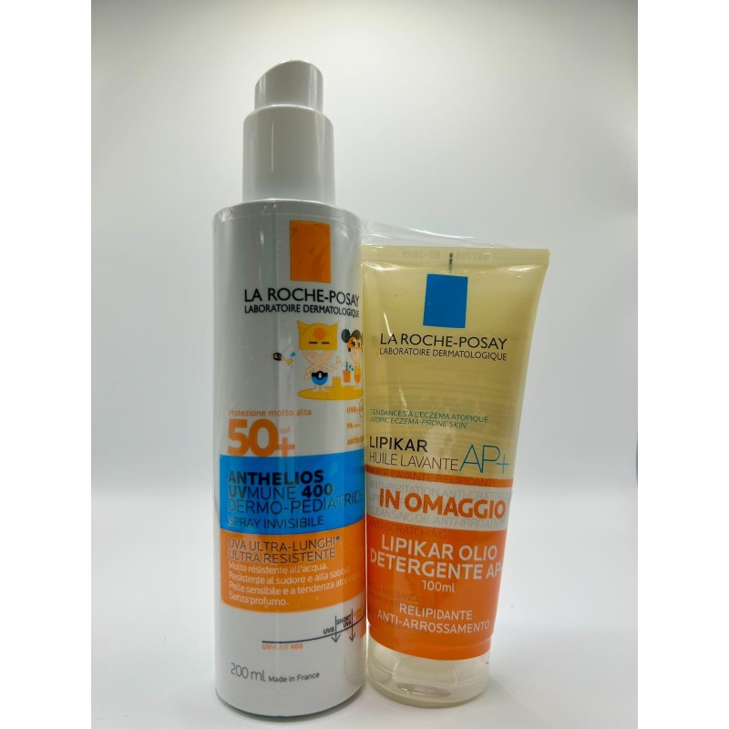 Anthelios spray uvmune bambino 50+ 200 ml + lipikar olio detergente ap+ 100 ml in omaggio