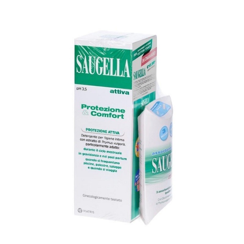 Saugella protezione&comfort bundle 1 attiva 250 ml + 3 assorbenti interni regular in omaggio + gadget stickers motivazionali