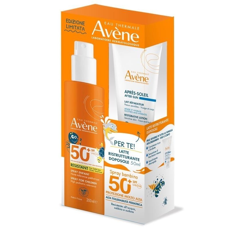 Eau thermale avene solare spray bambino spf50+ 200 ml + ristrutturante doposole 50 ml