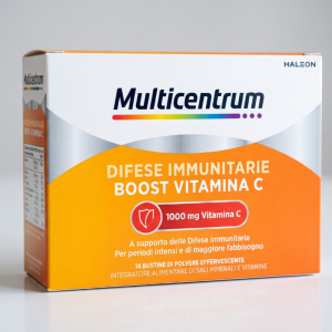 Confezione di Multicentrum Difese Immunitarie Boost Vitamina C 1000 mg in 14 bustine di granulato.