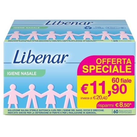 Soluzione salina isotonica 0,9% libenar per igiene nasale 60flaconcini monouso x 5 ml