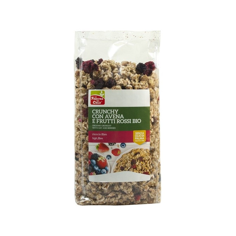 Fsc crunchy con avena e frutti rossi bio ad alto contenuto di fibre con olio di girasole senza olio di palma 375 g